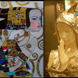 Gustav Klimt, Study for “Expectation,” Golden Mosaic Frieze, Dining Room, Brussels, Palais Stoclet, 1904-1911 and Charles Van der Stappen, “Mysterious Sphinx, The Secret,” Ivory and Chased Silver, 1897
